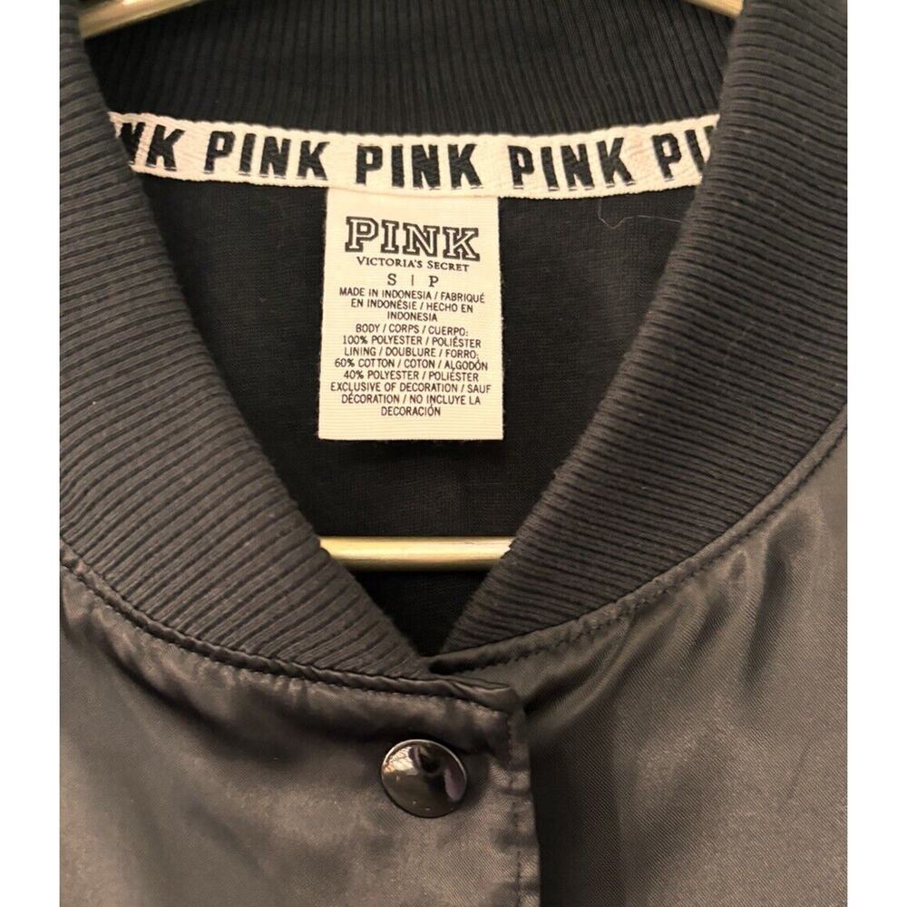 Victoria Secret Satin Pink Jacket Black Size Small Snap up Silky Varsity Elastic - Picture 3 of 3